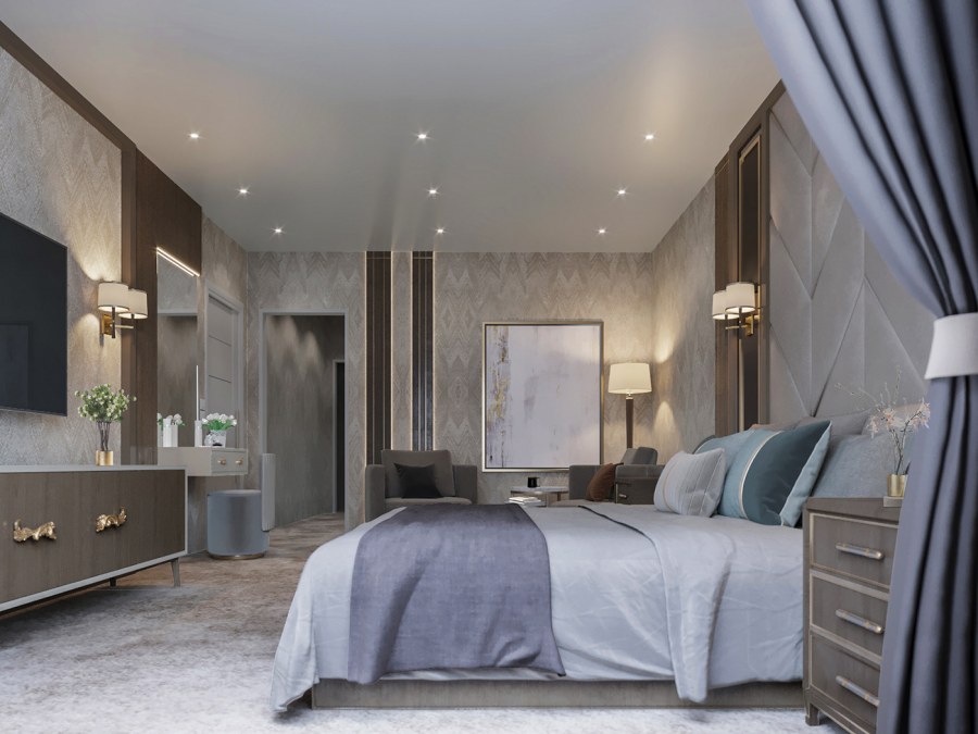 Спальня в классическом стиле в светлых тонах 12м2