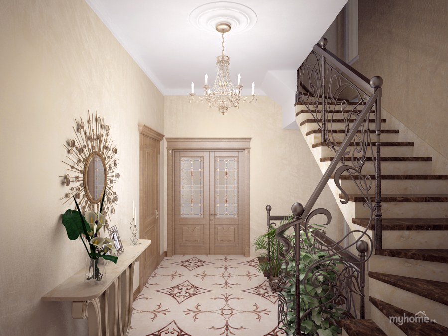 Декоративная штукатурка в холле с лестницей