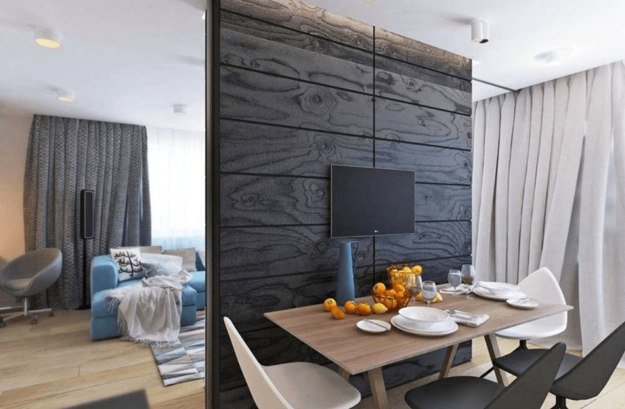 Кухня гостиная с ламинатом на стене