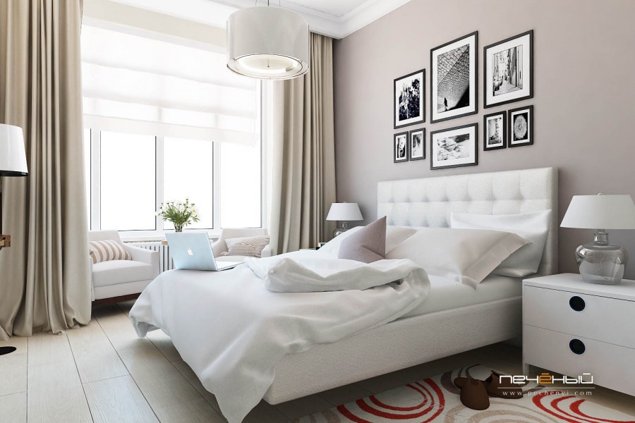 Бежевая спальня с белой мебелью