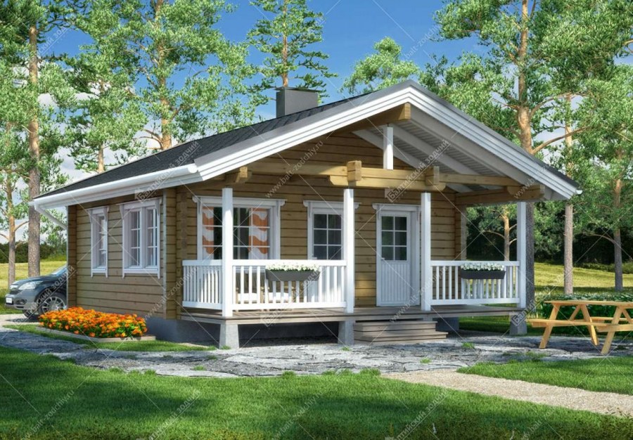 Деревянный дом одноэтажный с террасой 100кв