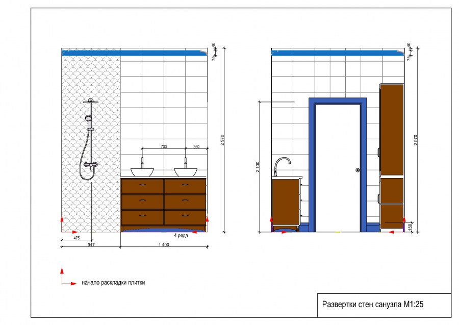 Развертка стен с раскладкой плитки