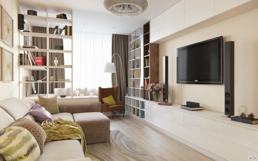 Гостиная с диваном и рабочей зоной