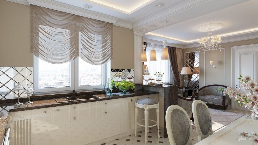 Кухня гостиная в классическом стиле в светлых тонах