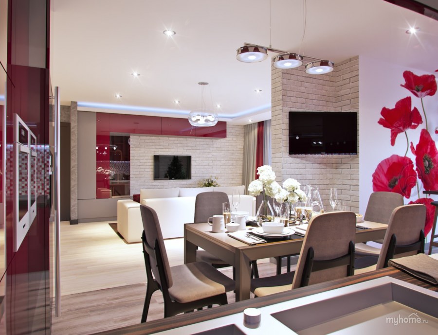 Интерьер гостиная с кухней яркая динамичная