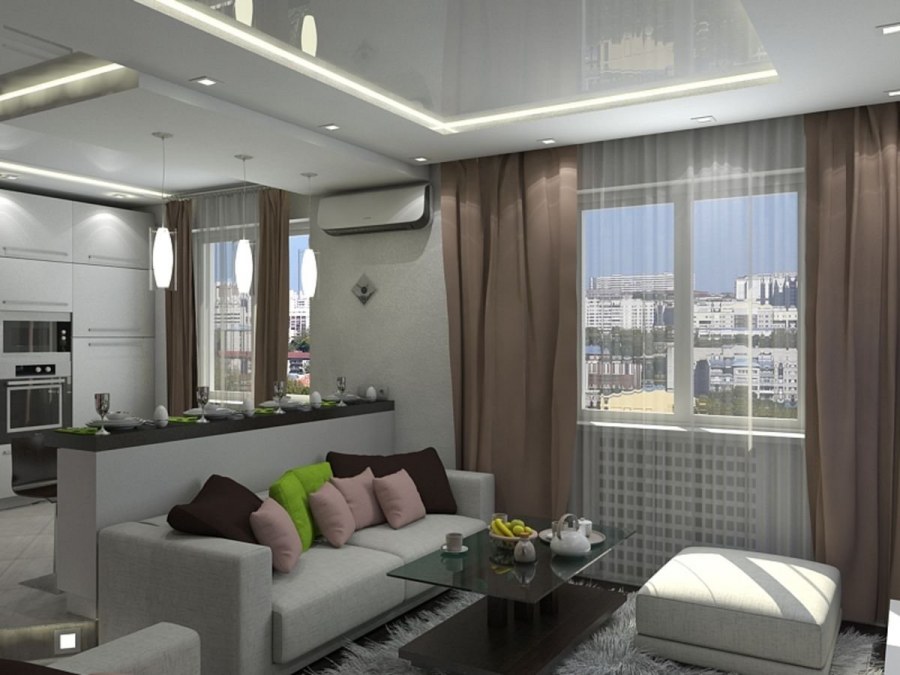 Кухня гостиная с 2 окнами