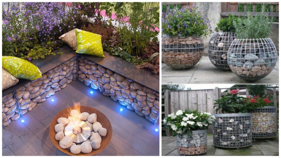 Клумба из камней и сетки с подсветкой