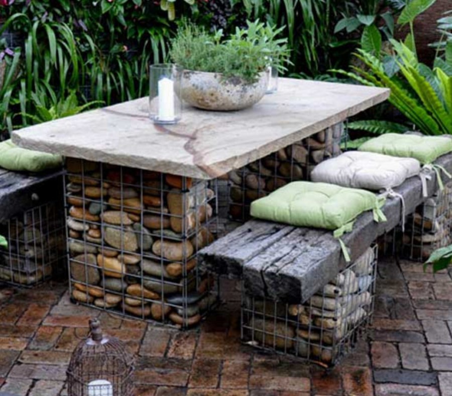 Сад, габионы, патио, беседка