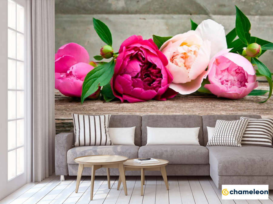 Пионы на стене в интерьере