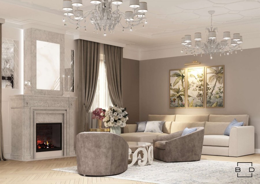 Гостиная в светлых тонах Неоклассика