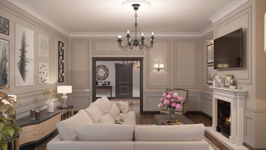 Гостиная с камином в современном классическом стиле
