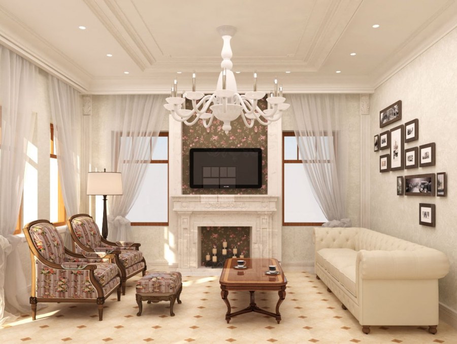 Классический интерьер гостиной с камином