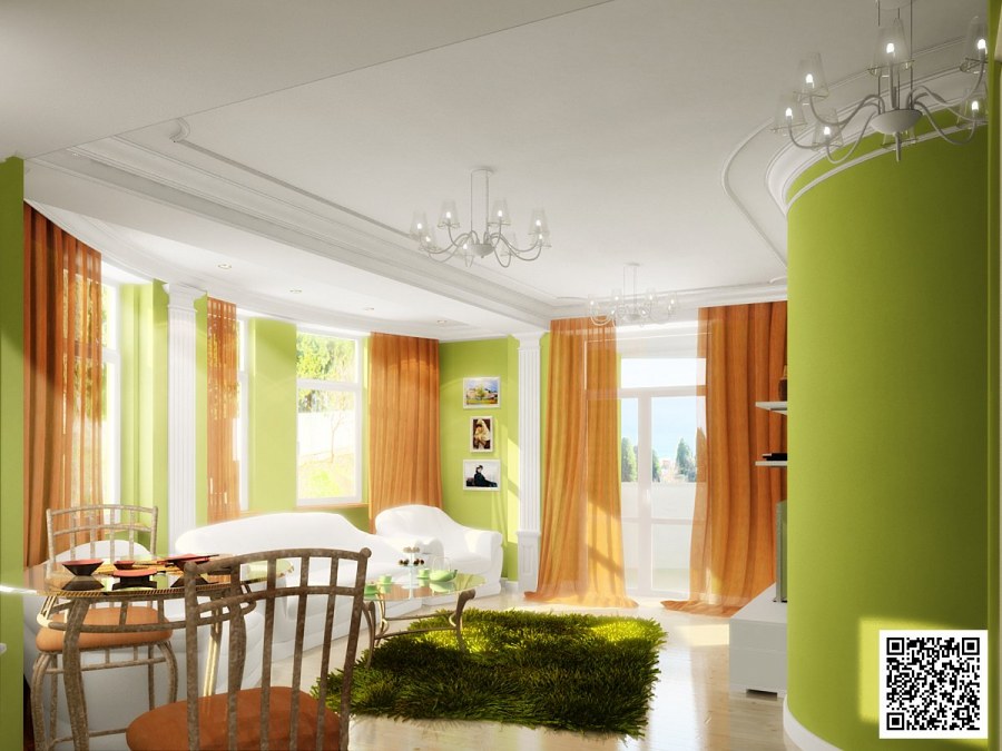 Сочетание салатового и оранжевого в интерьере