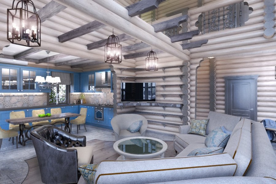 Интерьер дома из оцилиндрованного бревна со вторым светом