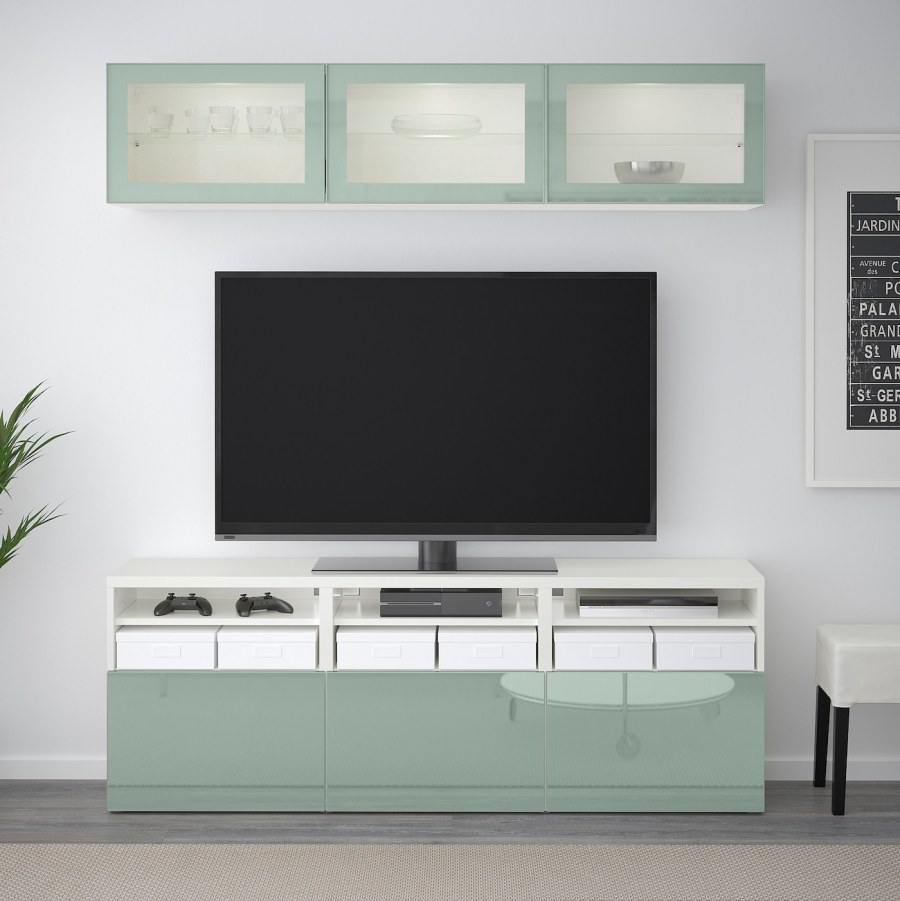 БЕСТО тумба под ТВ, С дверцами, белый, Лаппвикен светло-серый, 180x42x38 см