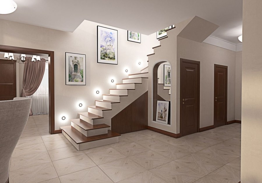 Гостиная с лестницей на второй этаж в частном доме