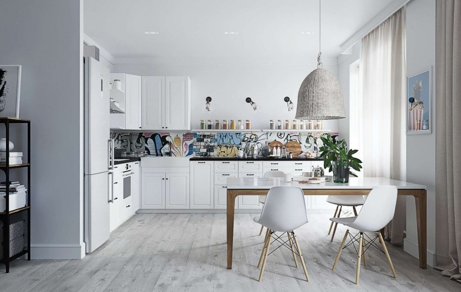 Белая кухня гостиная икеа