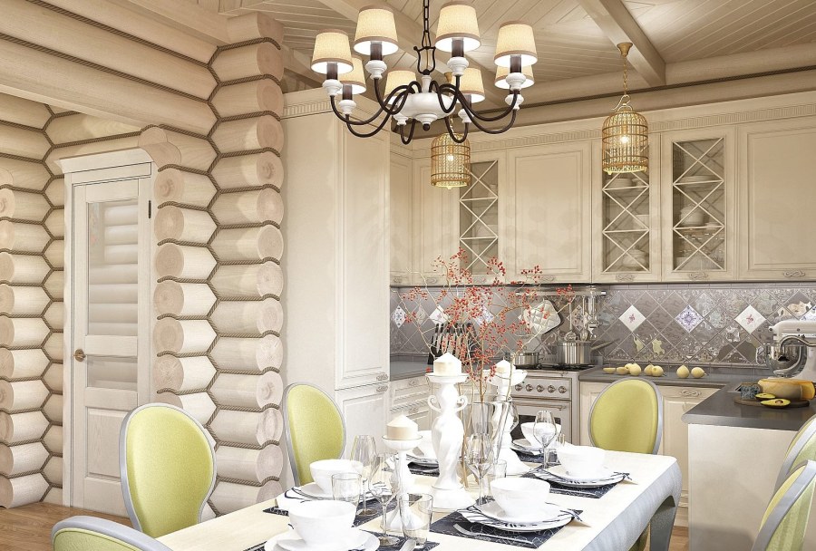 Внутренний интерьер дома из бревна