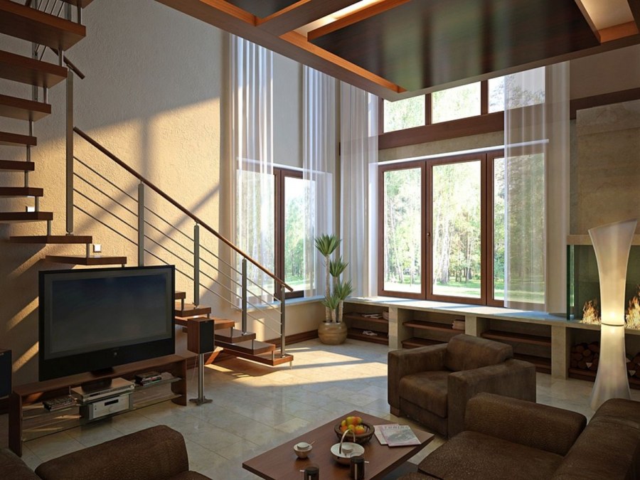 Гостиная с панорамными окнами и лестницей