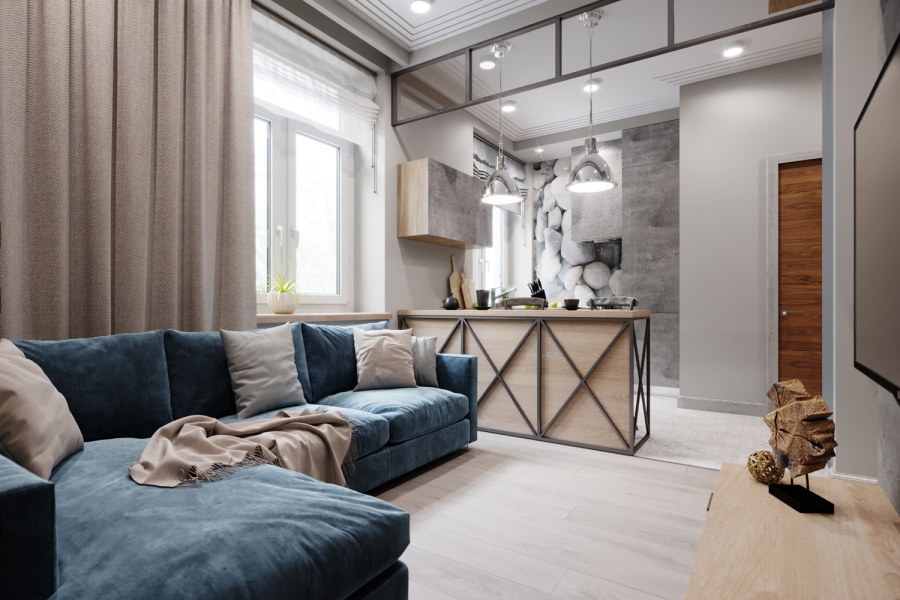 Кухня гостиная в стиле лофт 20 кв м