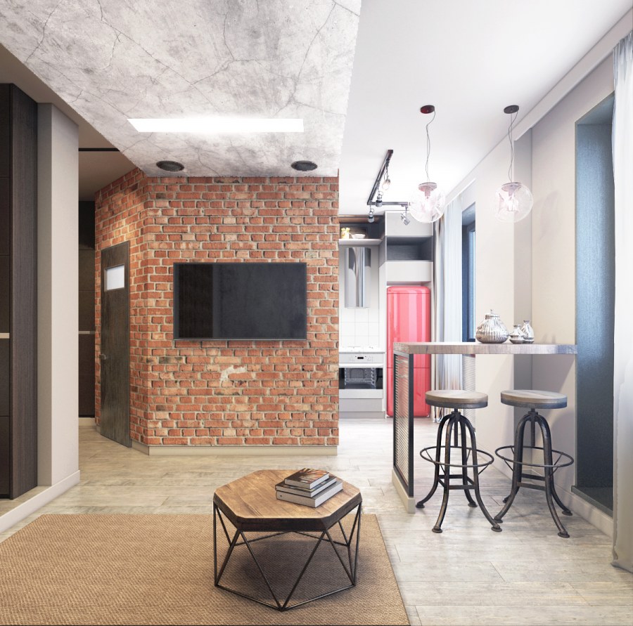 Интерьер лофт гостиная 15кв