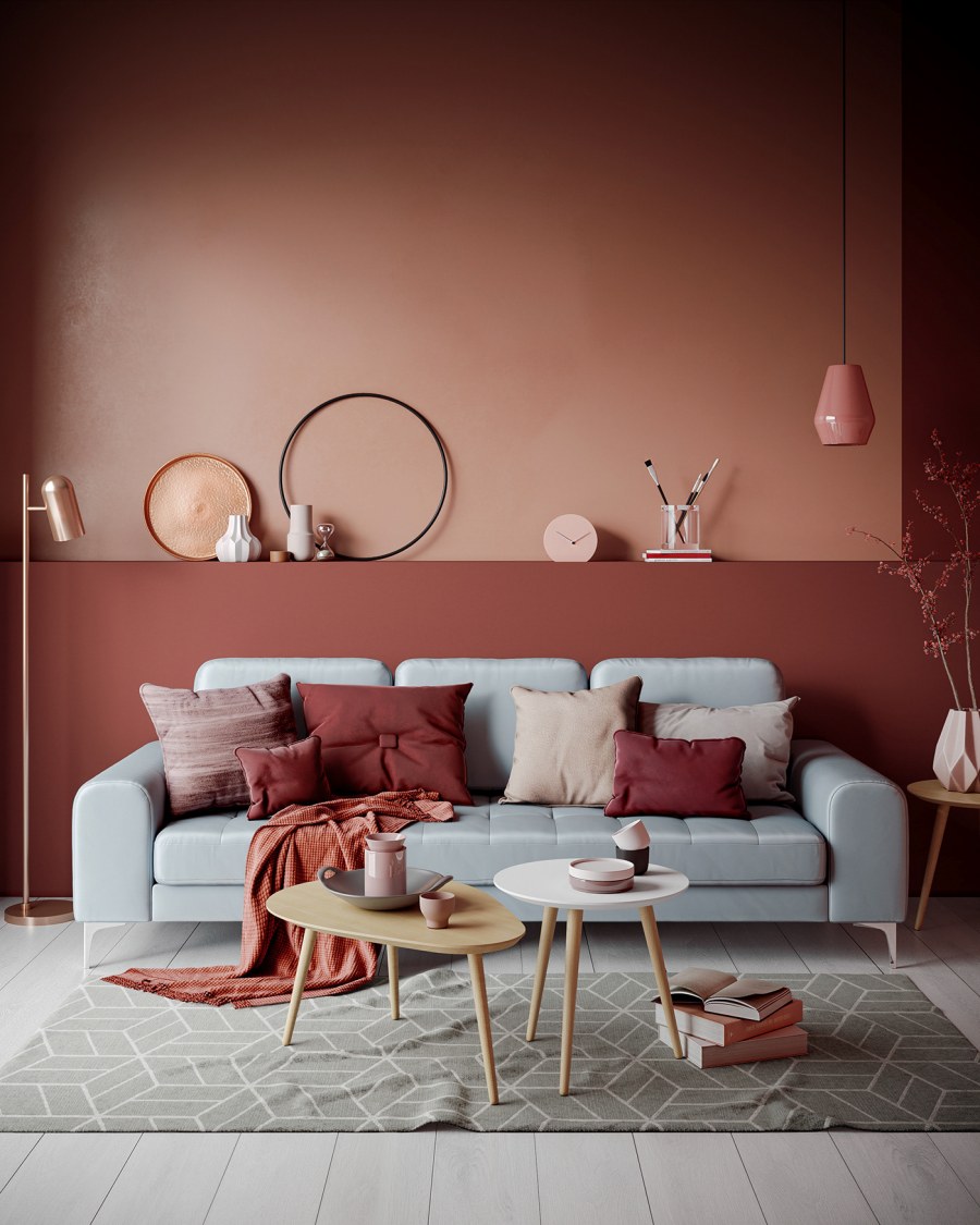 Бежево-коралловые стены гостиной