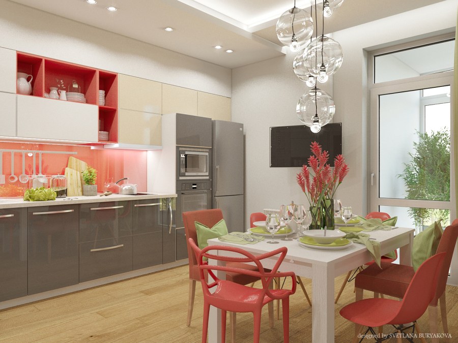 Коралловый цвет в интерьере кухни