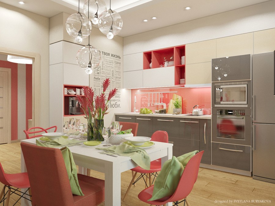 Коралловая кухня в интерьере