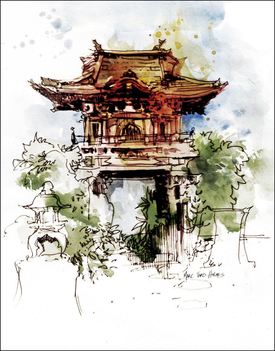 Китай пагода пейзаж акварель