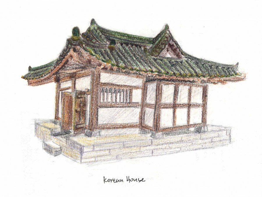 Корейская архитектура рисунок Ханок