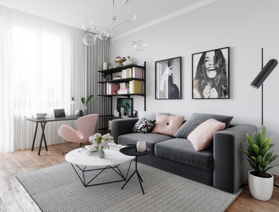 Серый диван и девушка Эстетика