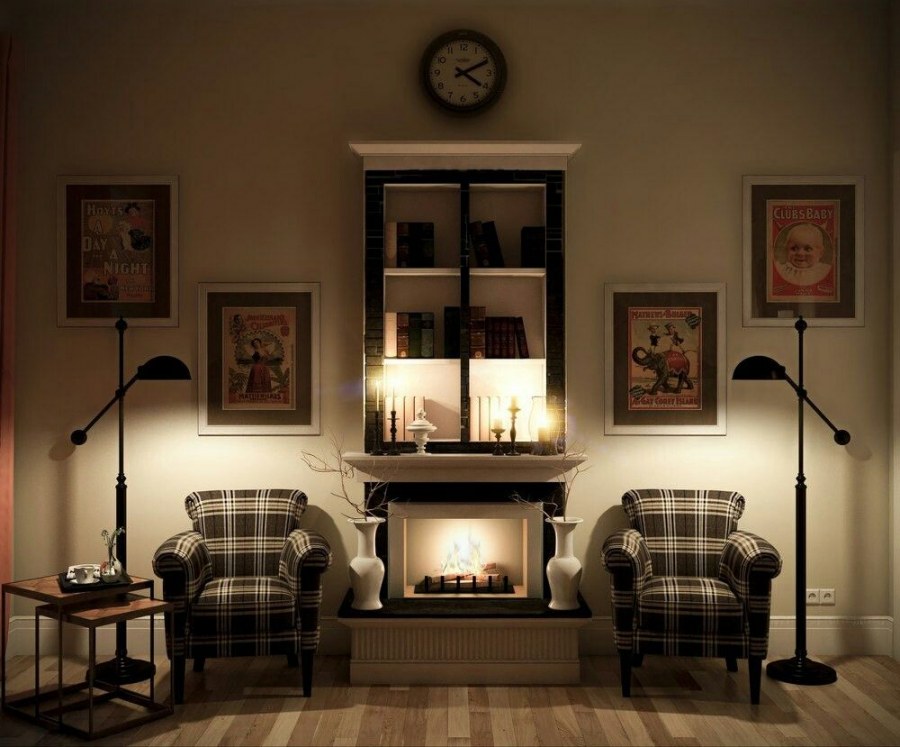 Угловой камин в классическом интерьере