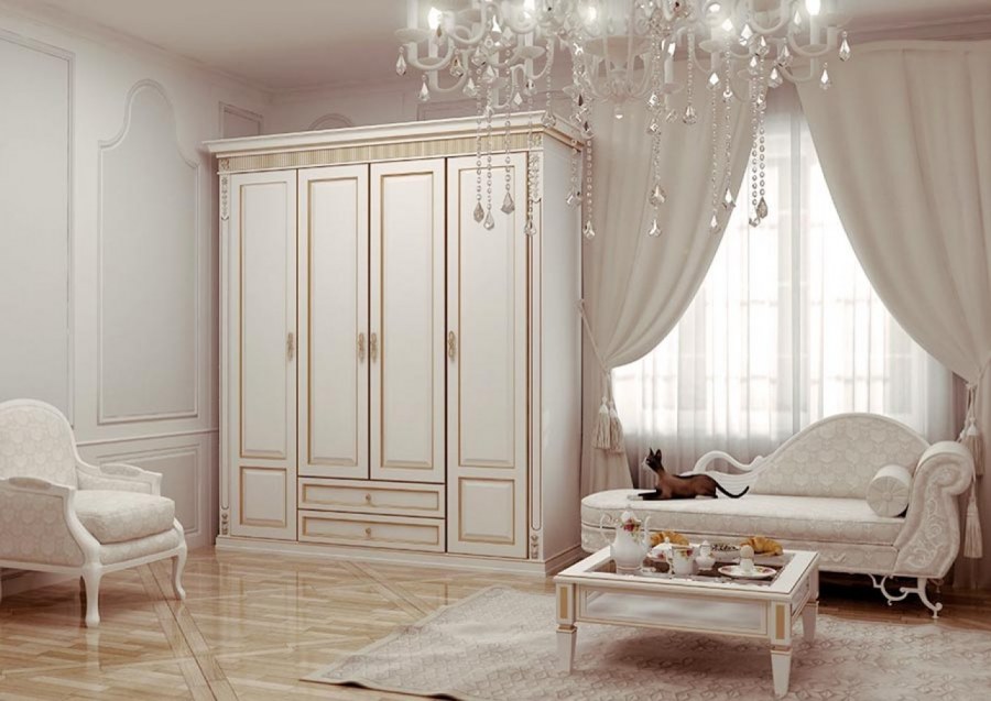 Шкаф четырехстворчатый распашной классика белый с патиной