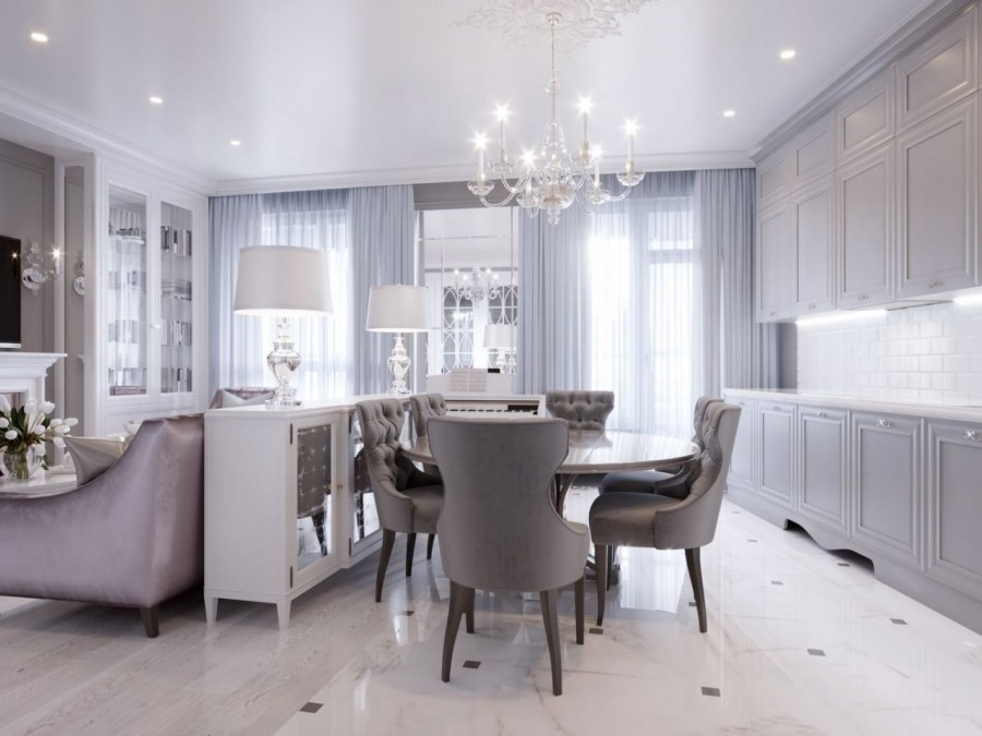 Кухня гостиная белая Неоклассика