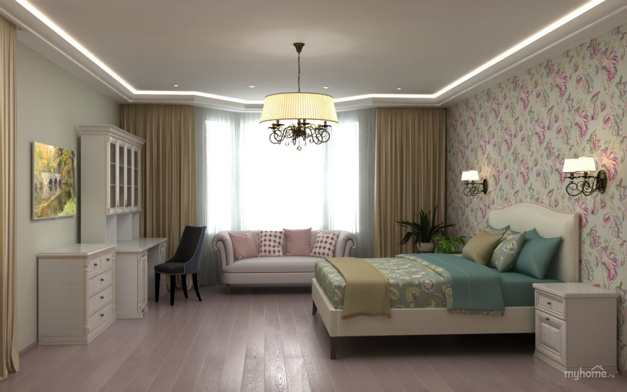 Потолок в спальне с эркером