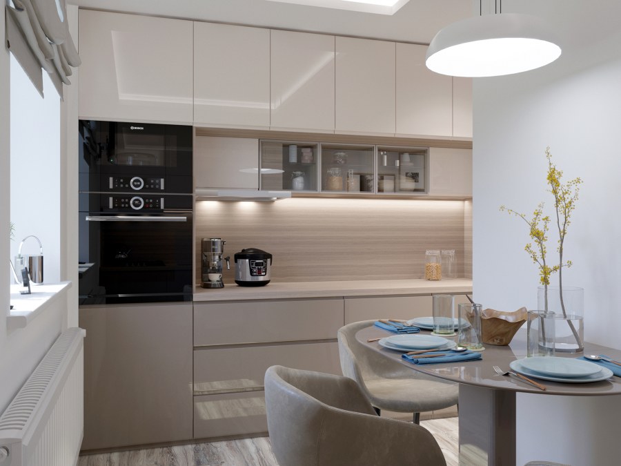 Кухня с бежевым холодильником