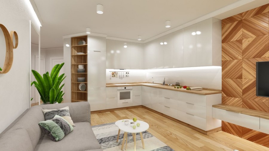 Кухня гостиная 20 кв светлая с деревом