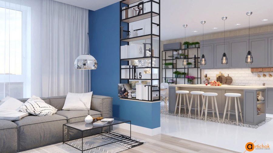 Интерьер кухни с зонированием пространства