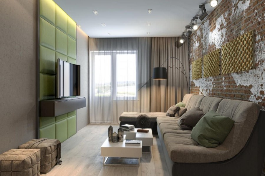 Гостиная в коричневых тонах с яркими акцентами