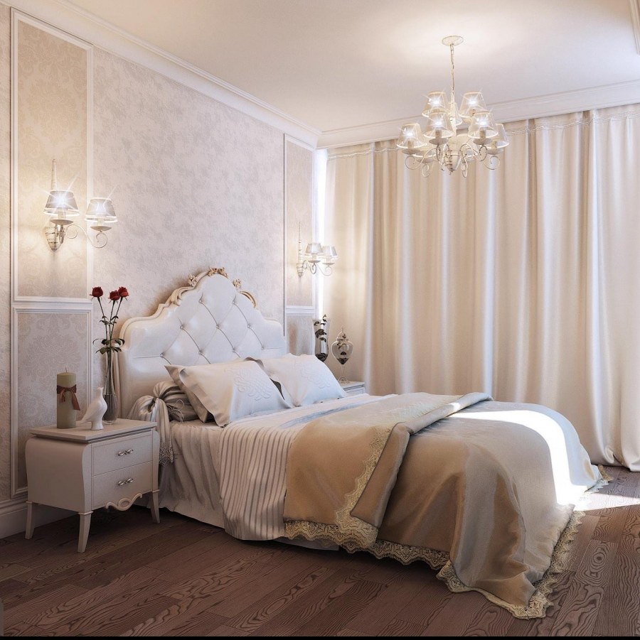 Спальня в классическом стиле в светлых тонах