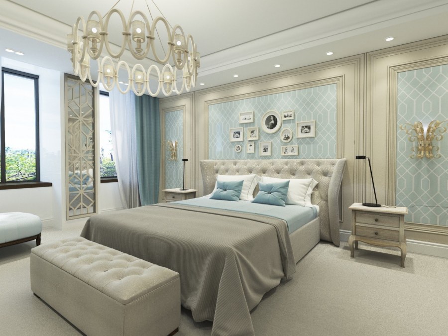 Спальня в голубых и бежевых тонах