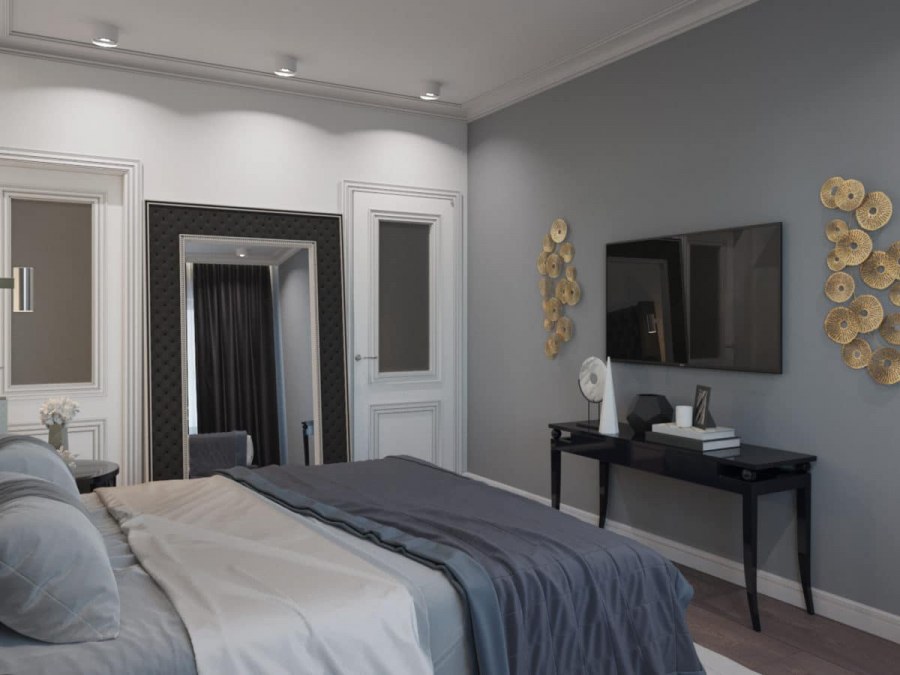 Синие шторы в спальне