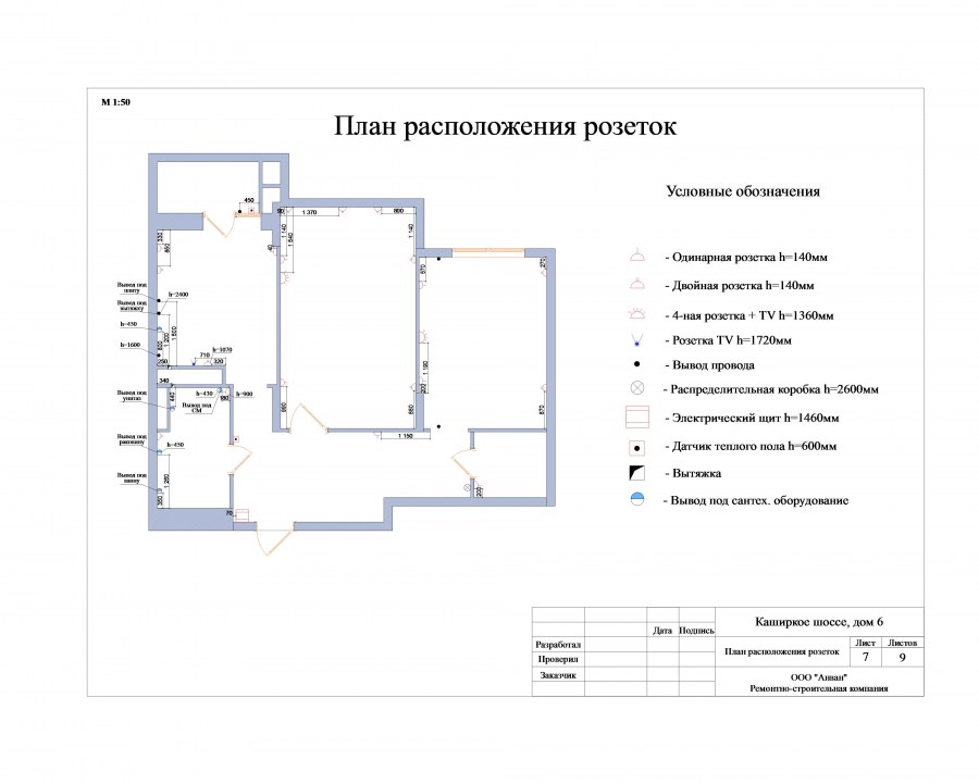 Схема размещения розеток в однокомнатной квартире