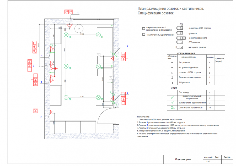 План размещения розеток и светильников