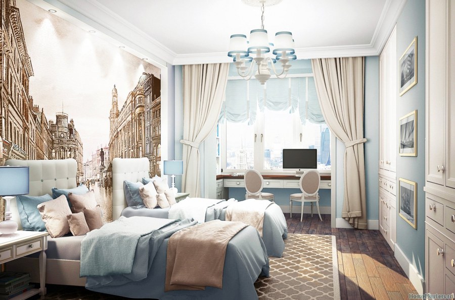 Спальня в сине бежевых тонах