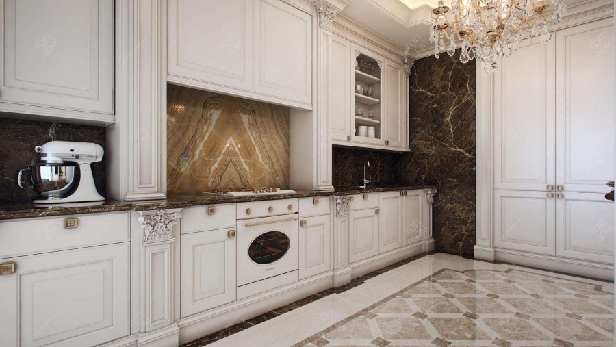 Интерьер кухни с белым мраморным полом классика