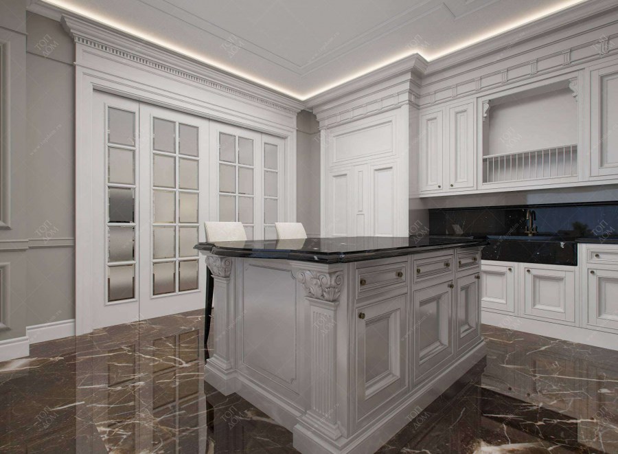 Белая классическая кухня с мрамором