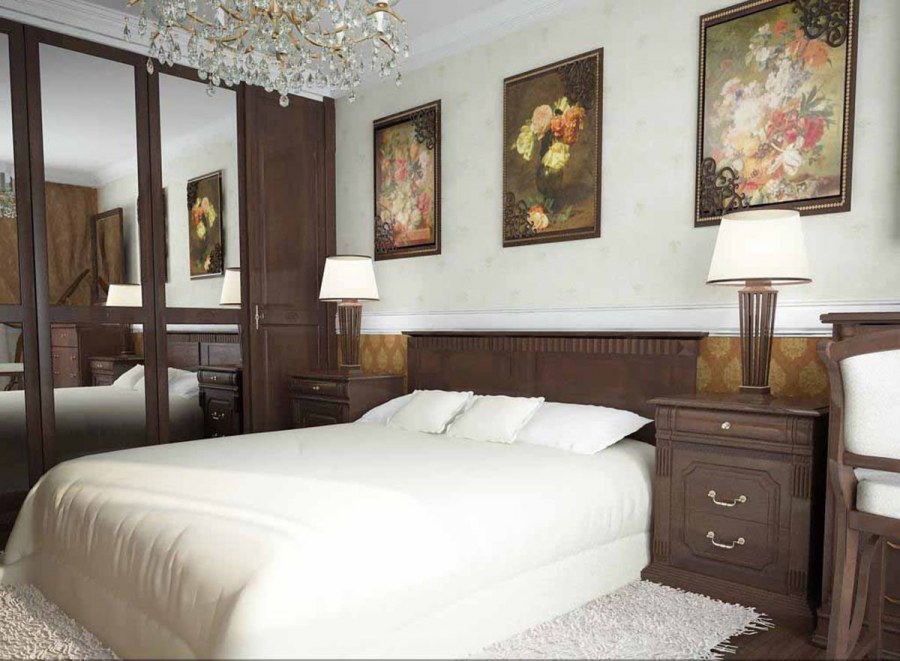 Спальня в классическом стиле с темной мебелью