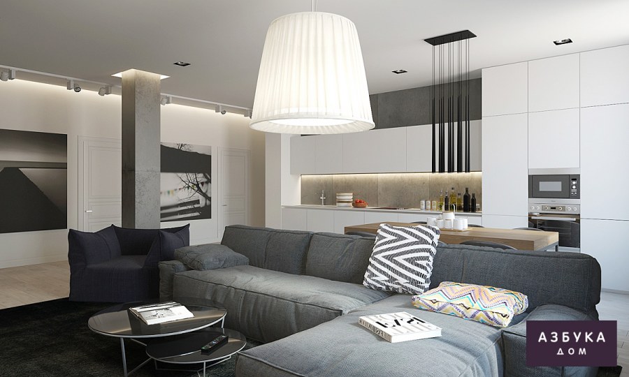 Интерьер гостиной студии в серых тонах