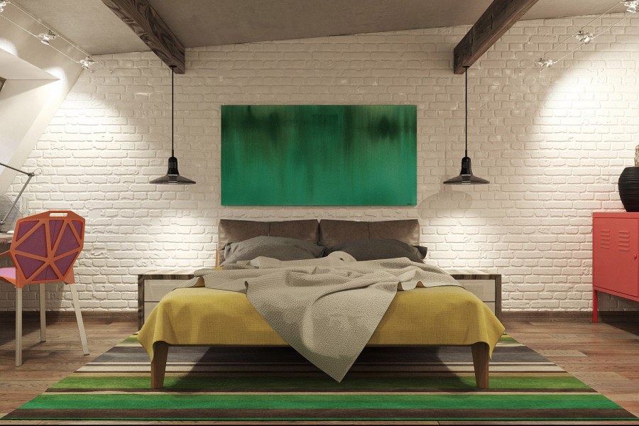 Спальня в стиле лофт в зеленых тонах